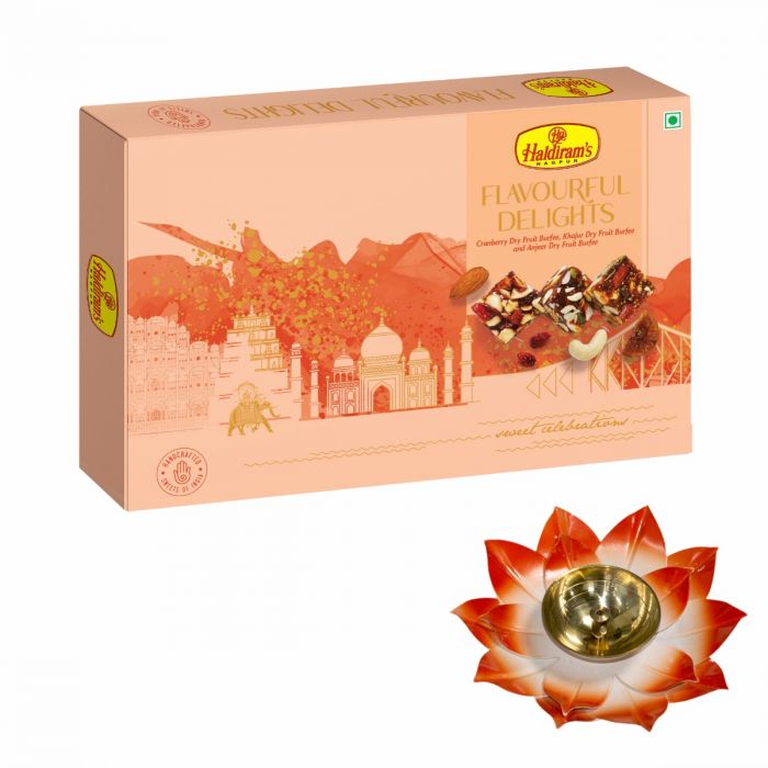 Flavourful Delights (Assorted Dry Fruits Burfee 500gm) With Large Diya main product photo