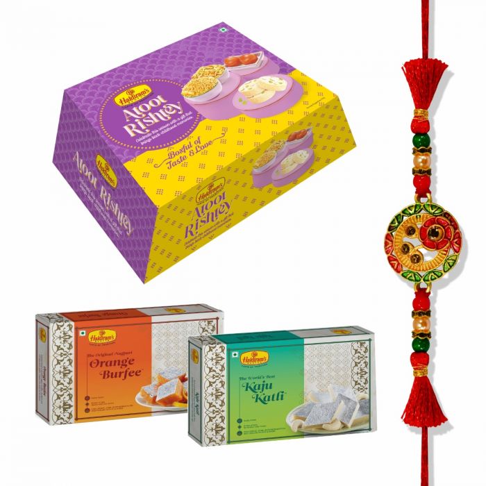 Atoot Rishtey (Gift Box)Kaju katli 250,Orange Burfee 250 g With Premium Rakhi main product photo