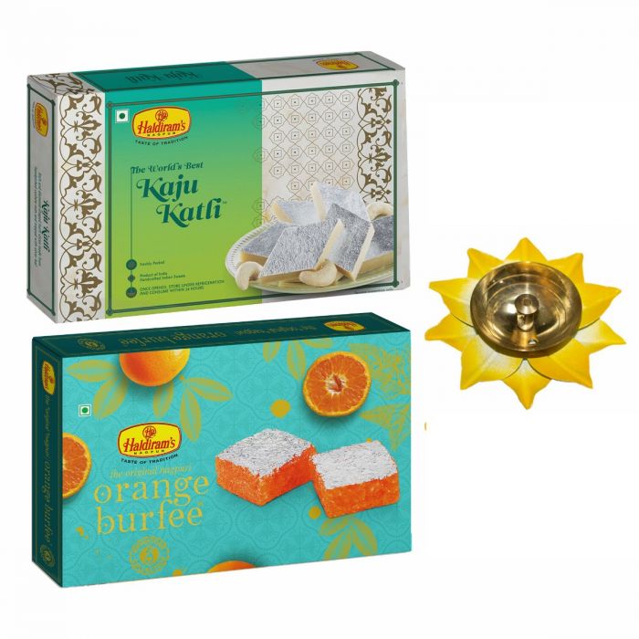 Kaju Katli (500 g) and Orange Burfee (500 g) with Small Diya main product photo