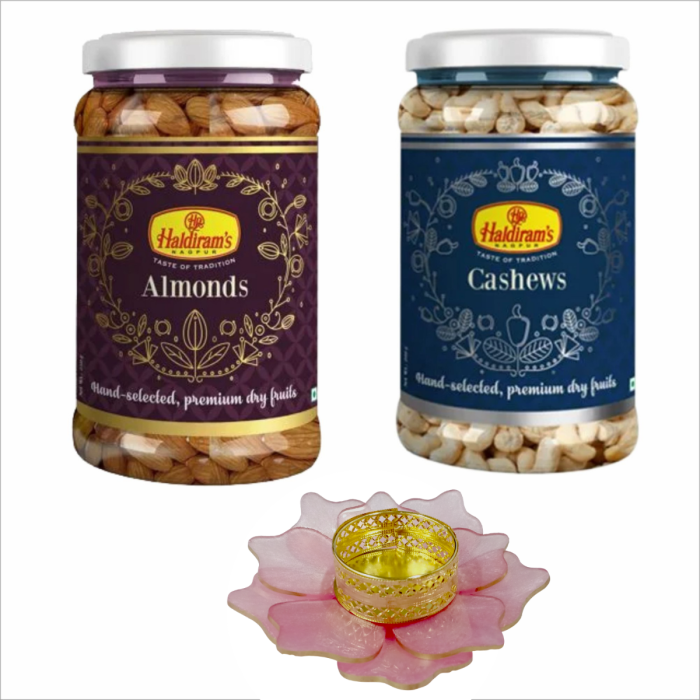 Almonds Jar (250 g) and Cashews Jar (200 g) with Medium Diya main product photo