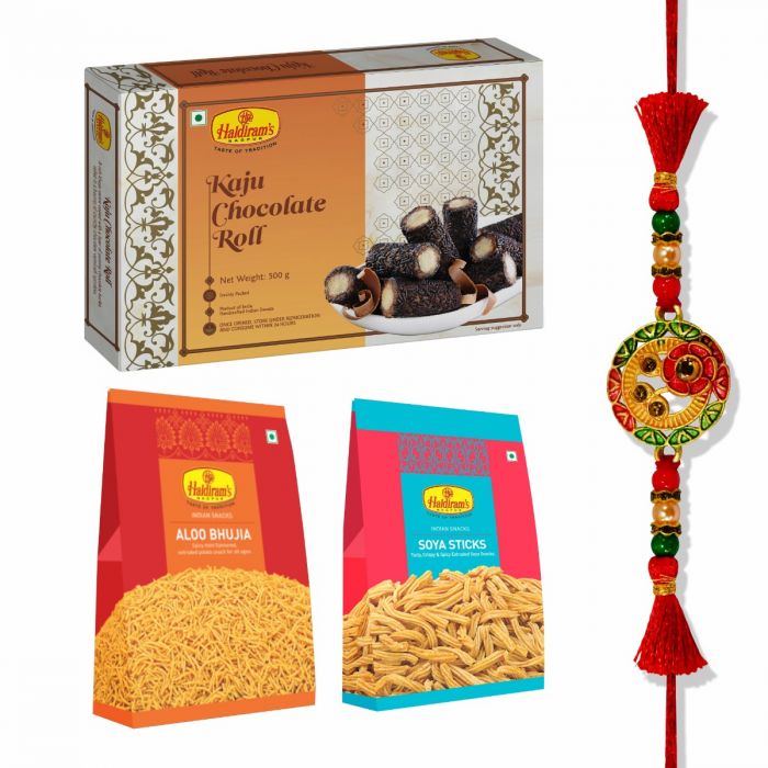 Kaju Chocolate Roll 500 g, Aloo Bhujia(200 g),Soya Stcks(200 g) With Premium Rakhi main product photo