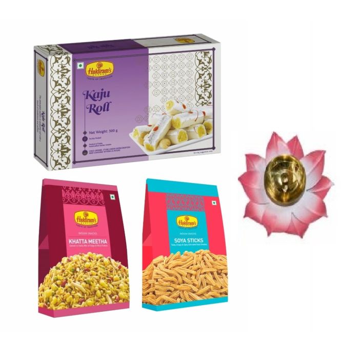 Kaju Roll 500g, Khatta Meetha 200 g, Soya Sticks 200 g with Medium Diya main product photo