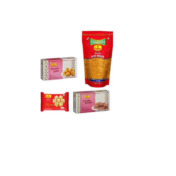 Dodha Burfee 250 gms, Aloo Bhujia 400 gms, Boondi Ladoo 250 gms and Soan Papdi 250 gms Combo main product photo