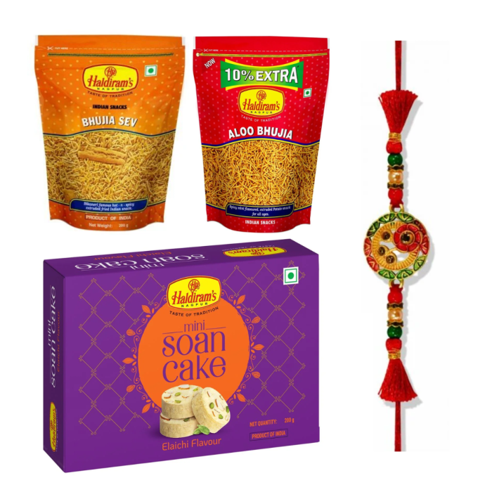 Mini Soan Cake 200 g Bhujia Sev 200 g Aloo Bhujia 200 g with Premium Rakhi main product photo