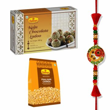 Kaju Chocolate Laddu 500 g, Phalhari Chiwda(200 g) With Premium Rakhi