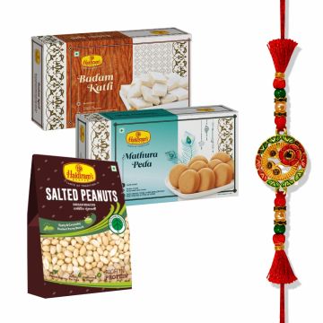 Badam Katli (250 g), Mathura Peda (250 g), Salted Peanuts(200 g) With Premium Rakhi