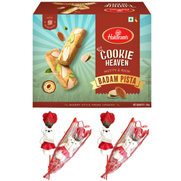 Badam Pista Cookies (200 g) With Two Valentine Tedi-Rose 