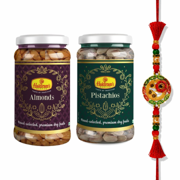 Pistachios Jar (200 g),Almond Jar (250 g) With Premium Rakhi