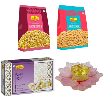 Kaju Roll 500 g, Khatta Meetha 200 g, Soya Sticks 200 g with Medium Diya 