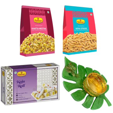 Kaju Roll 500 g, Khatta Meetha 200 g, Soya Sticks 200 g with Medium Diya 