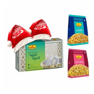 Kaju Katli 500 g, All in One 200 g, Khatta Meetha 200 g with 2 Christmas Cap