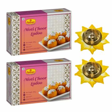 Motichoor Laddu Pack of 2 (500 g x 2) with 2 Small Diya-Metal