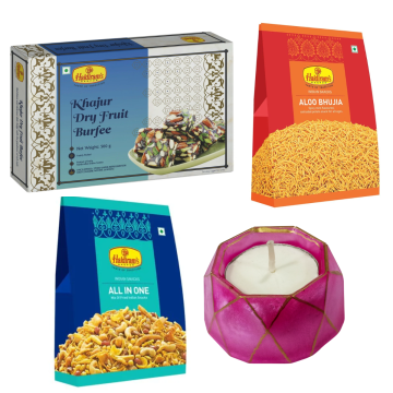 Khajur Dry Fruit Burfee 500 g, Aloo Bhujia 200 g, All in One 200 g with Small Diya 