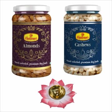 Almonds Jar (250 g) and Cashews Jar (200 g) with Medium Diya-Metal