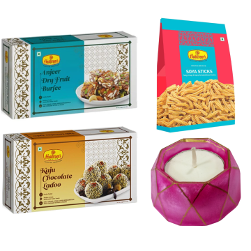 Anjeer Dry Fruit Burfee 250 g, Kaju Chocolate Ladoo 250 g, Soya Sticks 200 g with Small Diya 