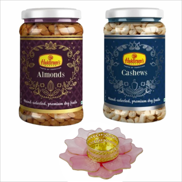 Almonds Jar (250 g) and Cashews Jar (200 g) with Medium Diya 