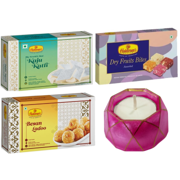 Kaju Katli 250 g, Besan Ladoo 250 g, Dry Fruit Bites 200 g with Small Diya 