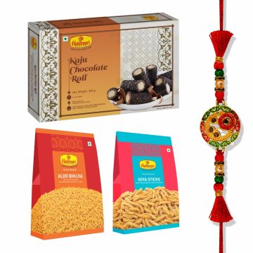 Kaju Chocolate Roll 500 g, Aloo Bhujia(200 g),Soya Stcks(200 g) With Premium Rakhi
