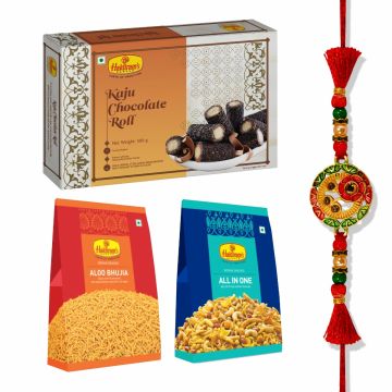 Kaju Chocolate Roll 500 g, All in One(200 g), Aloo Bhujia(200 g) With Premium Rakhi
