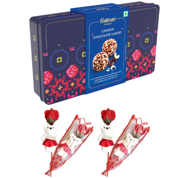 Cashew Crunchy Chocolate Ladoo (250 g) With Two Valentine Tedi-Rose