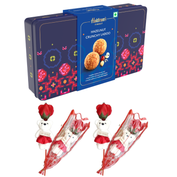 Hazelnut Crunchy Ladoo (250 g) With Two Valentine Tedi-Rose