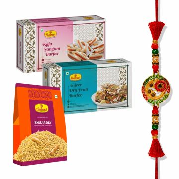 Kaju Sangam Burfee (250 g), Anjeer Dry Fruit Burfee -250 g, Bhujia Sev(200 g) With Premium Rakhi