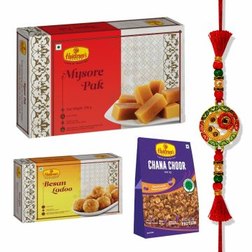 Mysore Pak 500 g, Besan Ladoo 250 g,Chana Choor(200 g) With Premium Rakhi