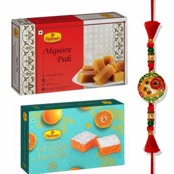 Mysore Pak (500 g) Orange Burfee (500 g) With Premium Rakhi