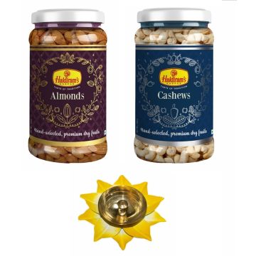 Almonds Jar (250 g) and Cashews Jar (200g) with Small Diya 