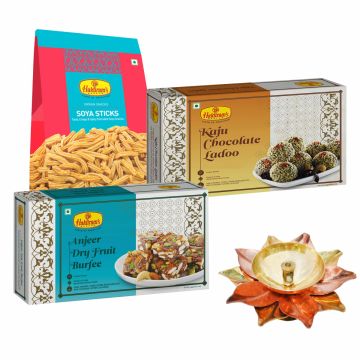 Anjeer Dry Fruit Burfee 250 g, Kaju Chocolate Ladoo 250 g, Soya Sticks 200 g with Small Diya 