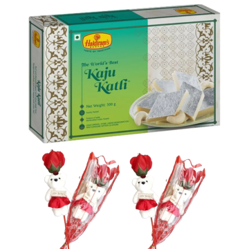Kaju Katli (500 g) With Two Valentine Tedi-Rose 