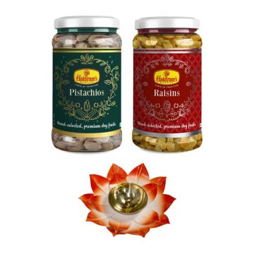 Pistachios Jar (200 gms),Raisins Jar (250 gms) With Large Diya