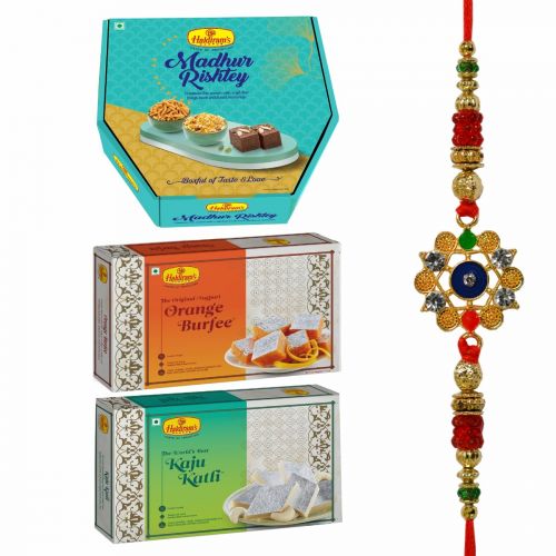  Madhur Rishtey (Gift Box), Kaju katli 250,Orange Burfee 250 gm With Premium Rakhi